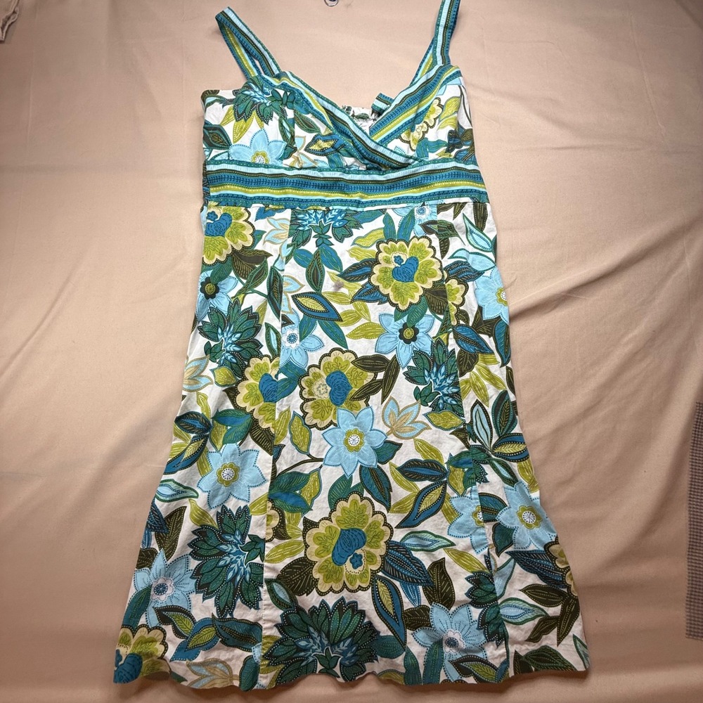 R&K Originals Floral Sundress Blue Green Cotton Blend Size 18 Sleeveless Summer